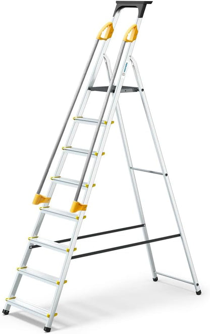 DURAMP trapladder met 8 treden, beveiligd met hellingen, gereedschapshouder, inklapbaar, aluminium, platformhoogte 162 cm Hoström