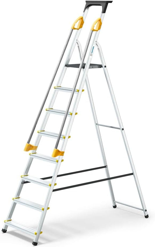 DURAMP trapladder met 8 treden, beveiligd met hellingen, gereedschapshouder, inklapbaar, aluminium, platformhoogte 162 cm Hoström