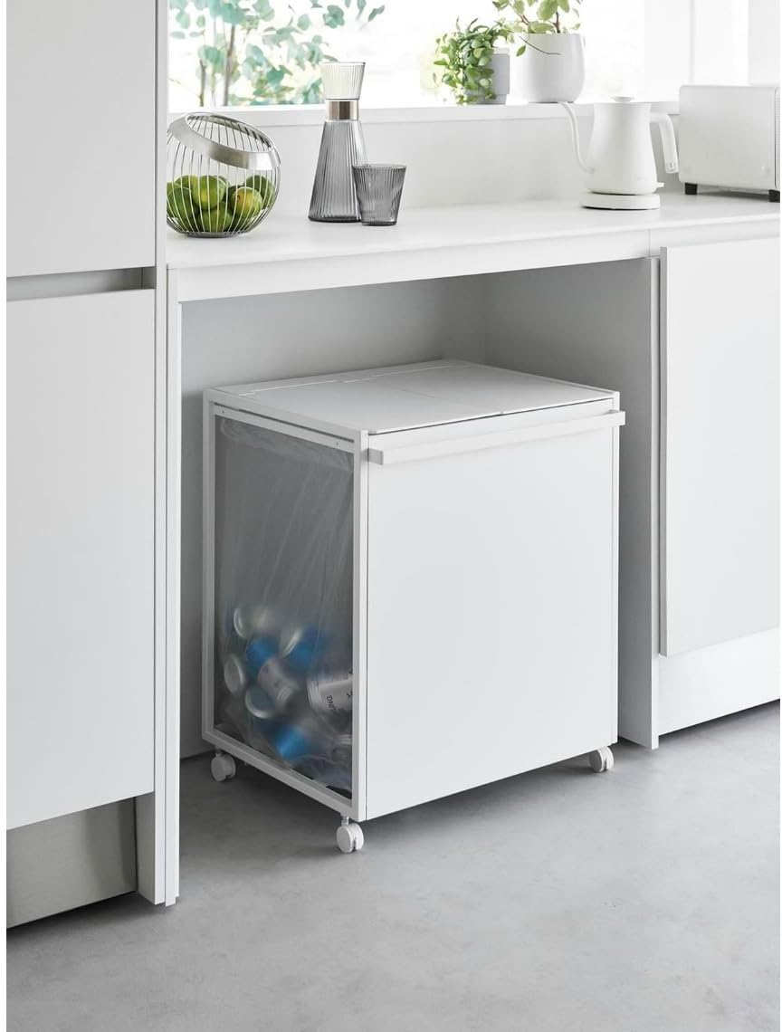 Yamazaki 1821 TOWER 2~Compartment Trash Can with Casters, black, Steel/Polypropylene/Nylon, 52 x 44 x 60 cm