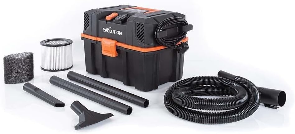 Evolution Power Tools R15VAC Stofzuiger Nat en Droog Vac, Draagbaar en Lichtgewicht Ideale Stofafzuiger voor Zaagsel in Werkplaatsen, Met Power Take-Off, Bedraad, Oranje