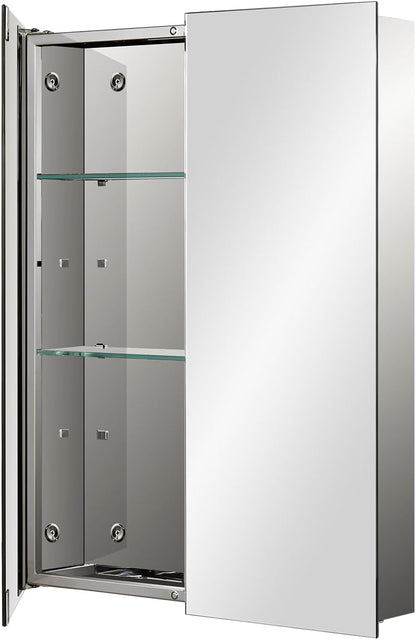 Fundin Roestvrijstalen badkamerspiegelkast met dubbele deuren, verstelbare planken van gehard glas, opbouwmontage, 50 cm B x 65 cm H, spiegelafwerking