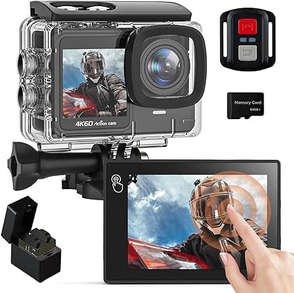 4K 60FPS Touchscreen Actiecamera met 64 GB SD-kaart, Dual Screen Pre-Recording 24MP Onderwatercamera 131FT Waterdichte Camera's 170° Sportcamera's met 2 x 1350 mAh Batterijen Helm Accessoires Kit