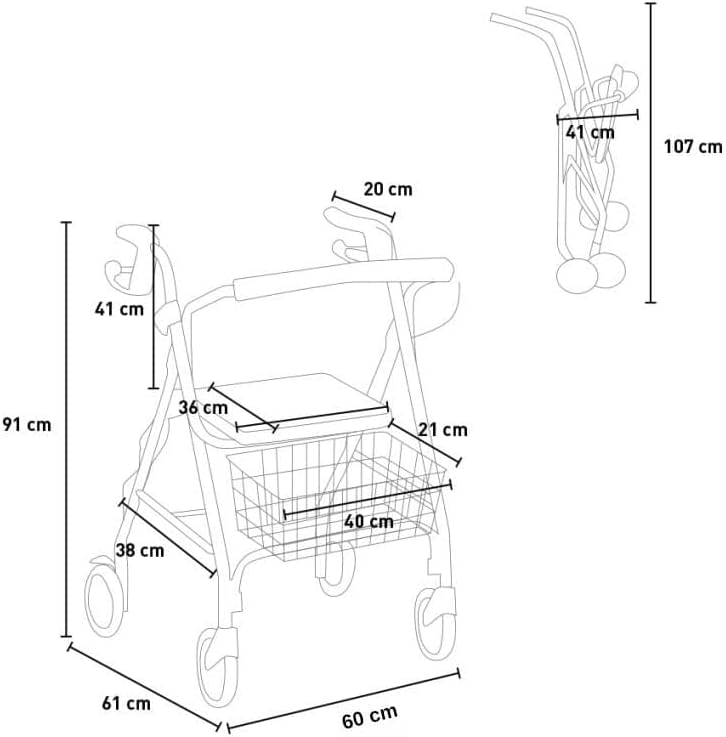 FERRUCCI COMFORT Rollator, inklapbaar, ultralicht, met wielen, remmen, mand en ergonomische zitting voor senioren, 4 remwielen, Europese CE-markering, zwart
