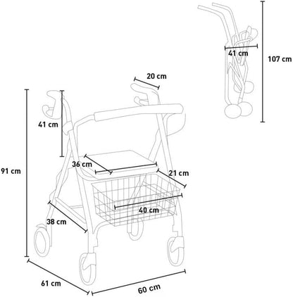 FERRUCCI COMFORT Rollator, inklapbaar, ultralicht, met wielen, remmen, mand en ergonomische zitting voor senioren, 4 remwielen, Europese CE-markering, zwart