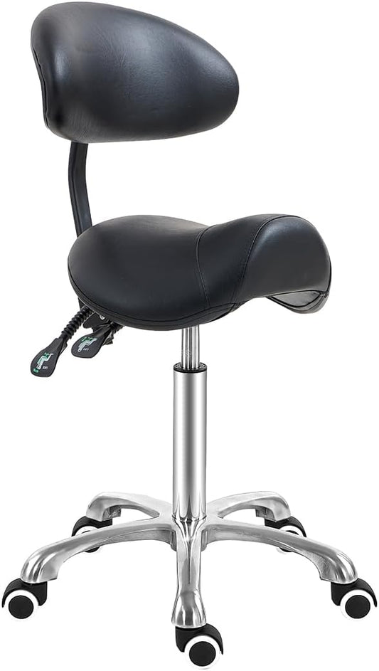 Antlu Zadelkruk stoel met rugsteun, ergonomische schoonheidsspecialiste stoel voor salon, tatoeage, spa, medische tandartspraktijk (met verstelbare rugleuning, zwart)