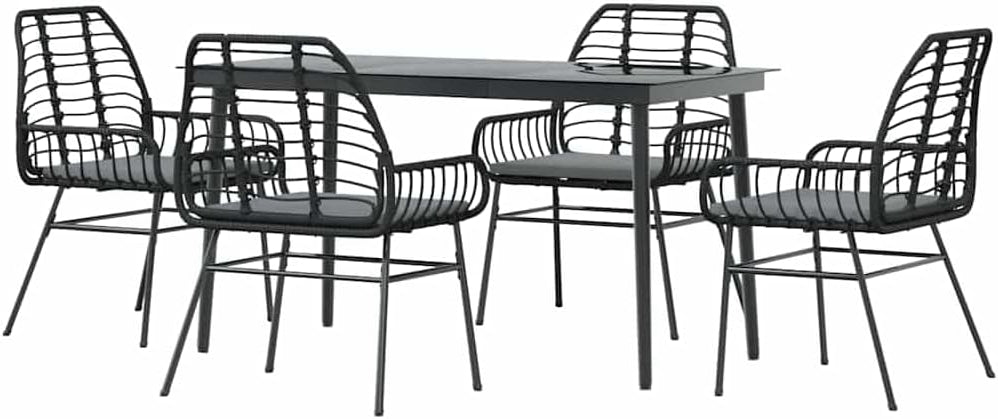 vidaXL 5 Piece Garden Set with Cushions Poly Rattan Glass Black,Outdoor Dining Set,Garden Dining Furniture,Garden Dining Table and Chairs,Patio Dining Set - QUORE