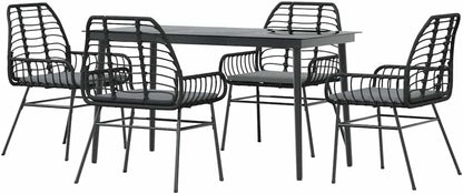 vidaXL 5 Piece Garden Set with Cushions Poly Rattan Glass Black,Outdoor Dining Set,Garden Dining Furniture,Garden Dining Table and Chairs,Patio Dining Set - QUORE
