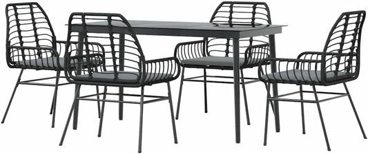 vidaXL 5 Piece Garden Set with Cushions Poly Rattan Glass Black,Outdoor Dining Set,Garden Dining Furniture,Garden Dining Table and Chairs,Patio Dining Set - QUORE