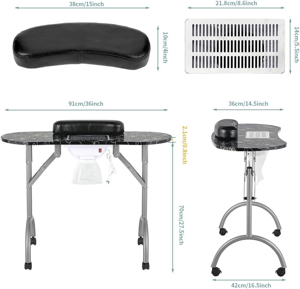 LEIBOU Professionele opvouwbare draagbare geventileerde schoonheid manicure tafel nagel bureau salon spa met ventilator en tas (35 "x 16 "x 28") (zwart)