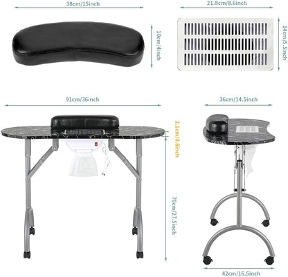 LEIBOU Professionele opvouwbare draagbare geventileerde schoonheid manicure tafel nagel bureau salon spa met ventilator en tas (35 "x 16 "x 28") (zwart)