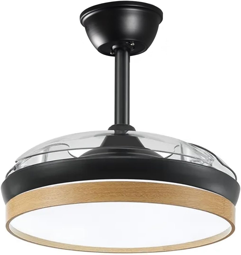 DRW Plafondventilator, zwart en hout, met intrekbare vleugels, 3 lichtkleuren en afstandsbediening, Ø 106 x 36-53 cm