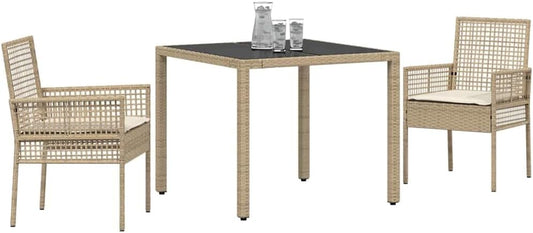 vidaXL Outdoor Square Garden Dining Table 90cm Tempered Glass Modern Patio Furniture UV Resistant Steel Frame Beige and Cream For Balcony Poly Rattan - QUORE