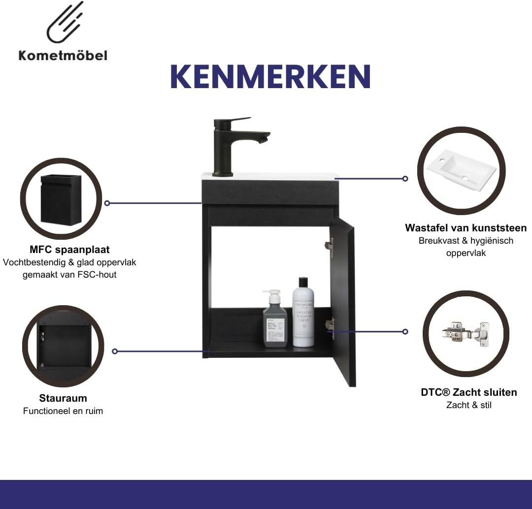 wastafel met onderkast 40 cm voorgemonteerd klein (Zwart, Met spiegel)