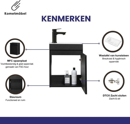 wastafel met onderkast 40 cm voorgemonteerd klein (Zwart, Met spiegel)