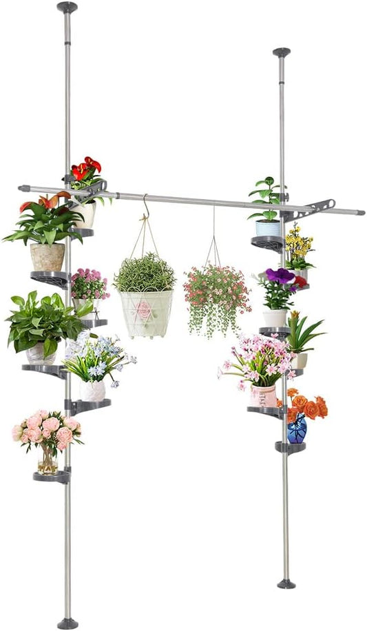 Uitbreidbare plantenstandaard – Plantenhouder – Plantenrek – Bloemenrek – Bloemendisplayrek – Zonder boren, vloer-tot-plafond klembevestiging – Verstelbaar in hoogte 175-290 cm, 12 trays, 2 armen en 1 hangstang