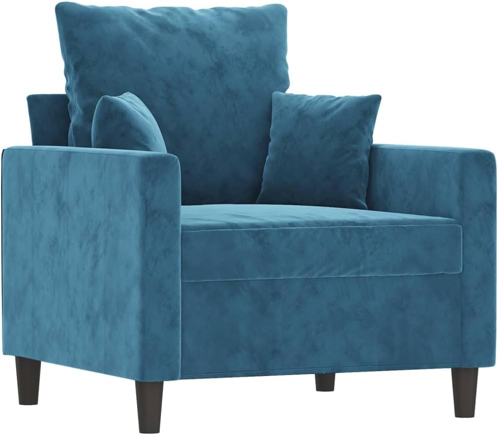 Fauteuil met poef, blauw, 60 cm, fluwelen gestoffeerde stoel, relaxstoel voor woonkamer, comfortabele stoel met dik gevoerde zitting en voetenbank, robuust frame van multiplex