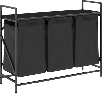 Wasmand – Laundry Basket – Wasbak – Wasbox – Laundry Hamper – 3 Compartiments – Zwart Eikenhout – Stalen Frame – Met Opbergrek