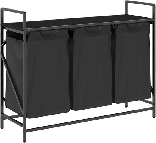 Wasmand – Laundry Basket – Wasbak – Wasbox – Laundry Hamper – 3 Compartiments – Zwart Eikenhout – Stalen Frame – Met Opbergrek