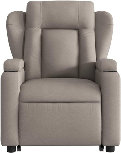 Fauteuil, zitverhoging, kantelbaar, taupe van stof, meubelstuk voor woonkamer, loungestoel, relaxstoel, stoel voor slaapkamer - QUORE