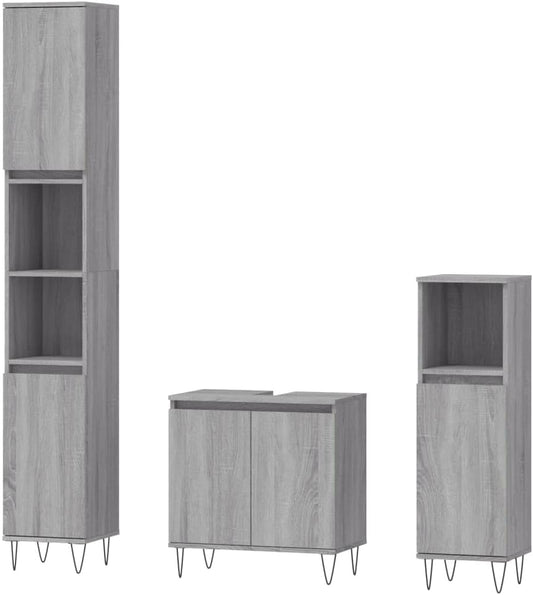 vidaXL 3 Piece Bathroom Furniture Set Decorated Wood Grey Sonoma Oak Colour, Bathroom Cabinet Set, Bathroom Furniture Set, Bathroom Cabinets, Furniture Set - QUORE