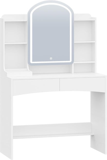 Hzuaneri LED Makeup Table, Large 90 cm Tabletop, Dressing Table with Curved Round Mirror, Hidden Jewellery Shelf Behind Mirror, 3 Colours, White DT41403XEU