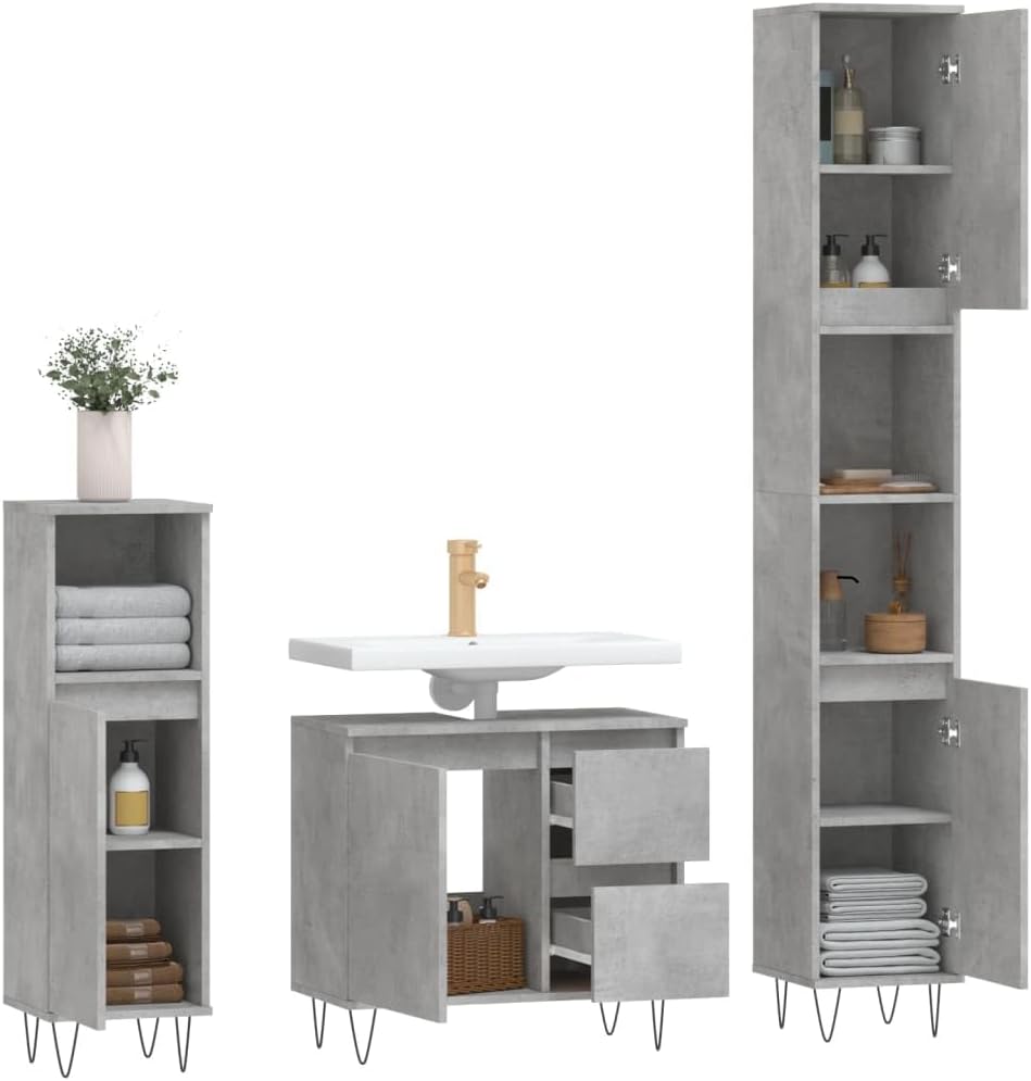 Gecheer 3 Piece Bathroom Furniture Set Bathroom Storage Cabinet Cabinet Bathroom Storage Furniture Concrete Grey Engineered Wood Type5 - QUORE