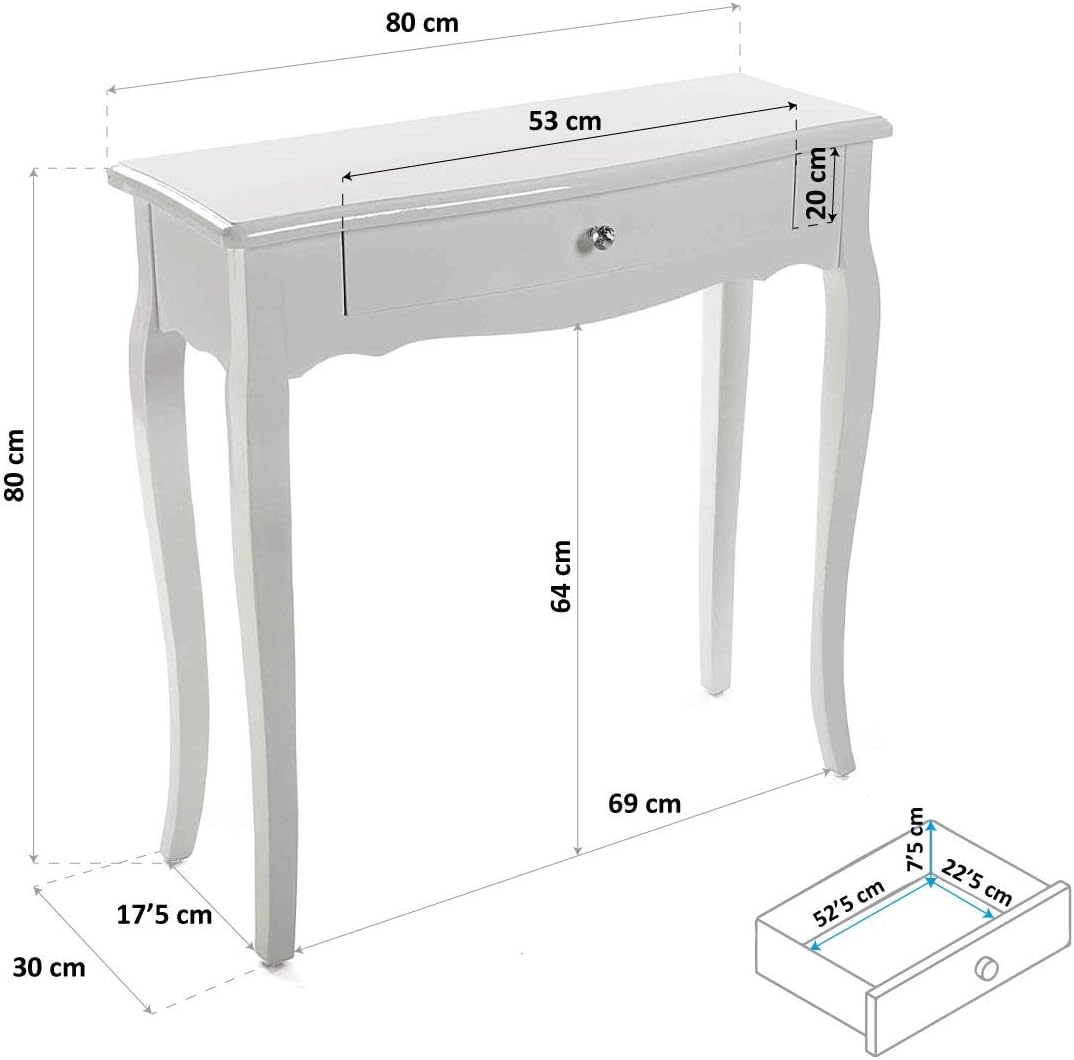 Versa Cagliari Smalle hal of vestibule Entree hal meubilair, Console Tafel, met 1 lade, Afmetingen (H x B x H) 80 x 30 x 80 cm, Hout, Kleur Wit