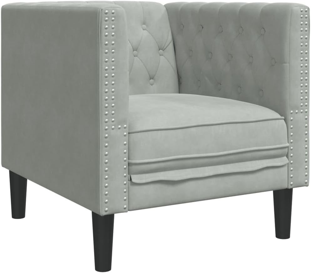 Chesterfield-fauteuil, lichtgrijs, fluweel, comfortabele gestoffeerde stoel met knoopstiksels en steunpoten voor woonkamer ontspanning