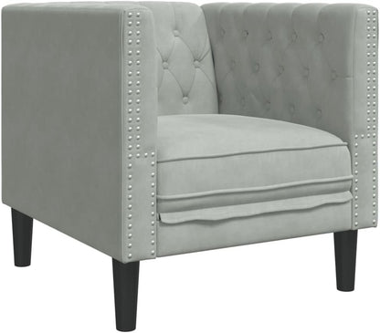 Chesterfield-fauteuil, lichtgrijs, fluweel, comfortabele gestoffeerde stoel met knoopstiksels en steunpoten voor woonkamer ontspanning