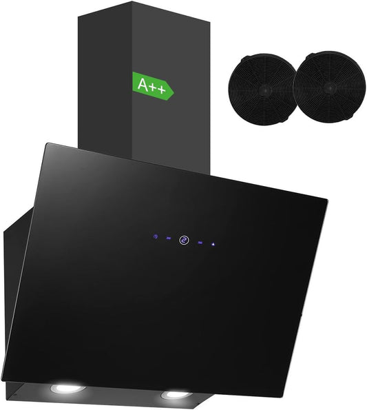 SNDOAS Afzuigkap 60 cm, klasse A++, 550 m³/u, keukenafzuigkap met 2 koolstoffilters, 3 snelheden, touch-bediening, vertraagde uitschakeling (1-9 minuten), afvoer of recycling, zwart