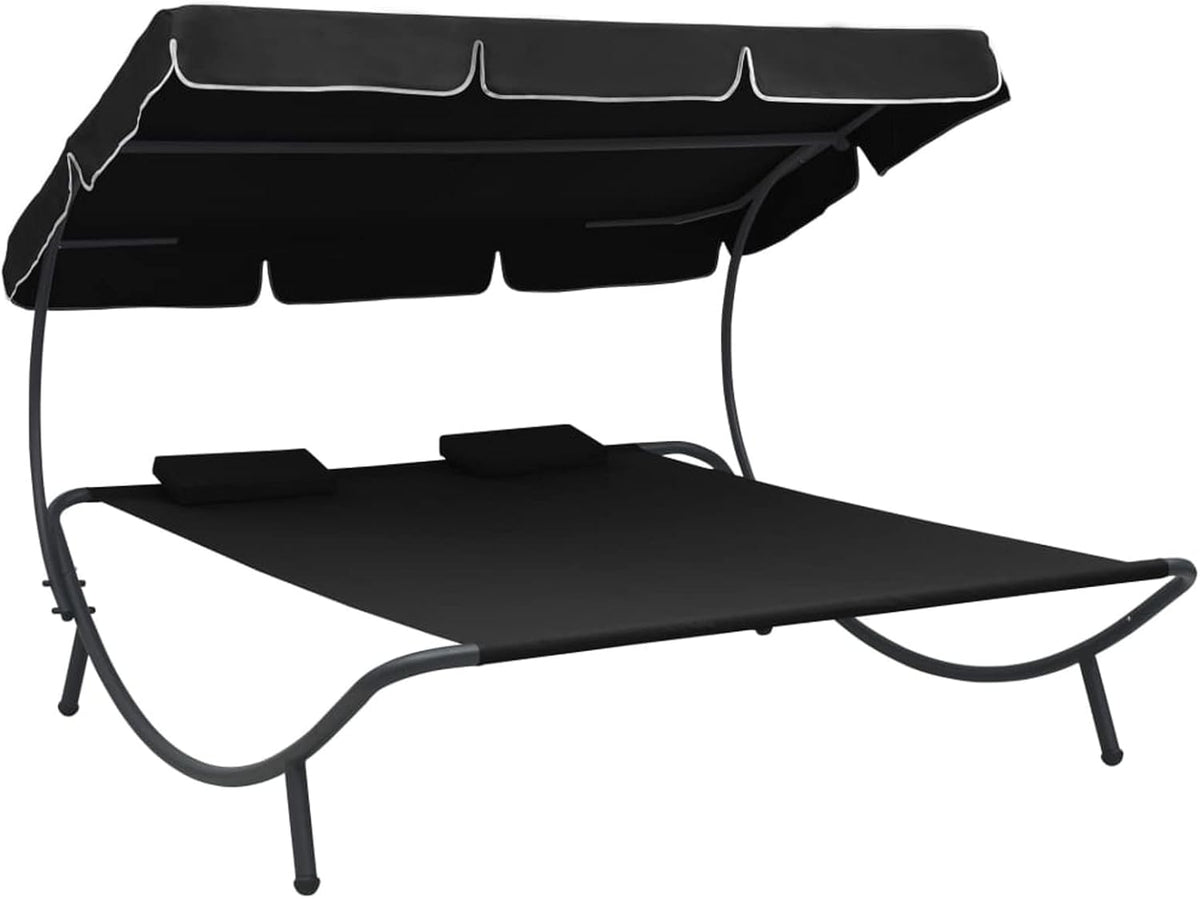 Gecheer Outdoor Sun Lounger with Awning and Cushion Black Outdoor Sunbathing Beach Lounger Relaxation Camping Balcony Pool - QUORE