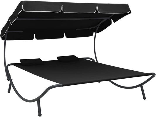 Gecheer Outdoor Sun Lounger with Awning and Cushion Black Outdoor Sunbathing Beach Lounger Relaxation Camping Balcony Pool - QUORE