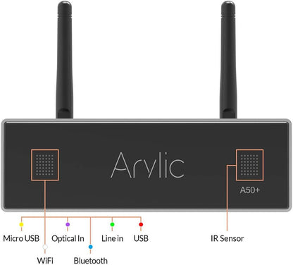 Arylic Up2stream A50+ WiFi en Bluetooth-versterker met AirPlay-uitgang en subwoofer, TPA3116 stereo-installatie, hifi gesynchroniseerde audio in meerdere kamers/meerdere zones