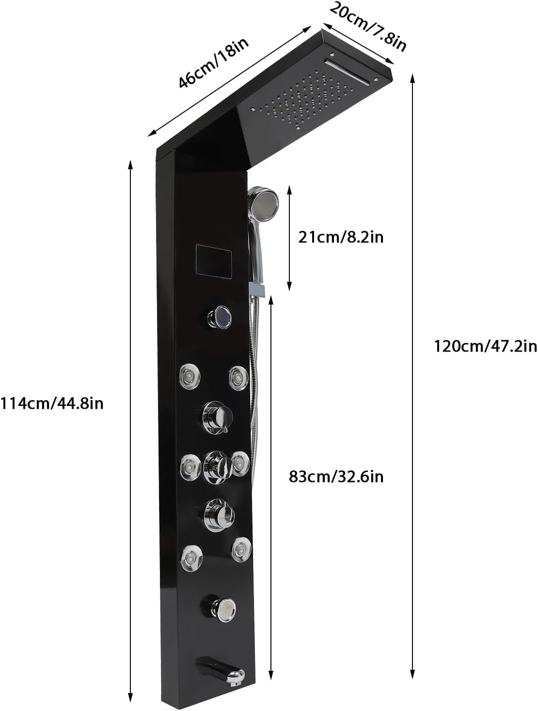 Douchepaneel – Douchekolom – Douchewand – Thermostaatkraan – Regendouche – RVS Zwart – LED Temperatuurweergave – 6 Waterstanden