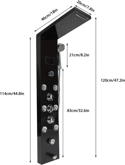 Douchepaneel – Douchekolom – Douchewand – Thermostaatkraan – Regendouche – RVS Zwart – LED Temperatuurweergave – 6 Waterstanden