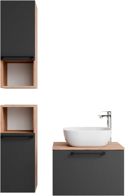 Planetmöbel Astra Bathroom Cabinet Set with Basin Cabinet 60 cm, 2 Midi Cabinets, Gold Oak Anthracite, Sink with Top Edge 42 cm White - QUORE