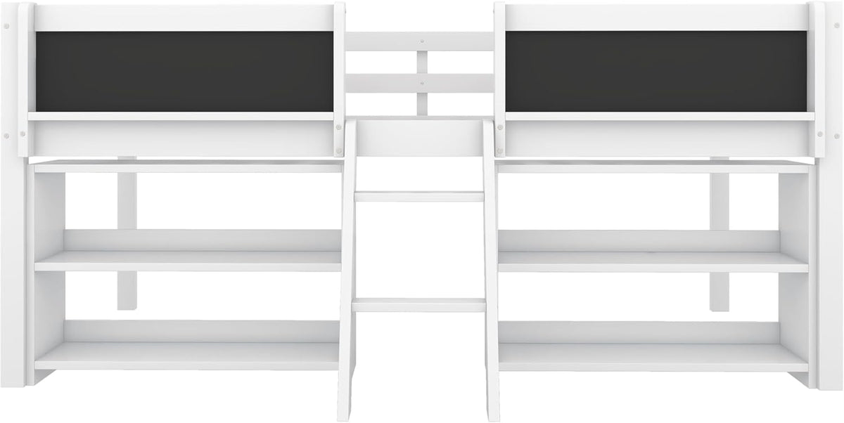 Children's Bed with Shelf, Slatted Frame, Ladder and Fall Protection, Teenage Bed, Single Bed, Wooden Pine Bed (White, 90 x 200 cm) - QUORE