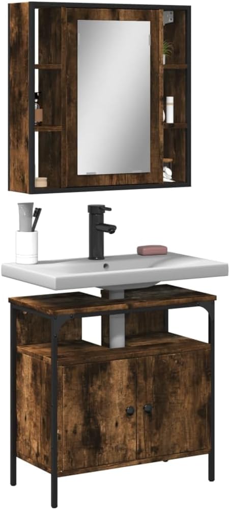 vidaXL 2 Piece Bathroom Furniture Set Decorated Wood Smoked Oak, Bathroom Set, Bathroom Cabinet, Bathroom Unit, Washbasin, Bathroom Cabinet