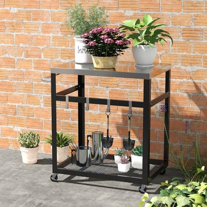 Grilltafel voor buiten, serveerwagen met 2 planken, 4 wielen, handvat en 4 haken, pizzatafel, bijzettafel, grillwagen voor achtertuin, terras (2 planken)