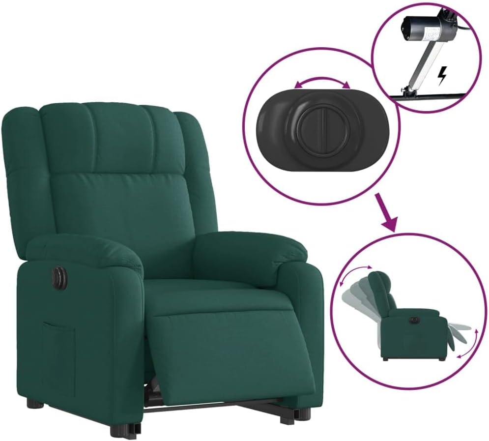 Relaxstoel Met Opstahulp – Elektrische Relaxstoel – TV-Stoel – Ligstoel – Relaxfauteuil – Elektrisch Kantelsysteem – Donkergroene Stof – Automatische Ligfunctie tot 135 Graden