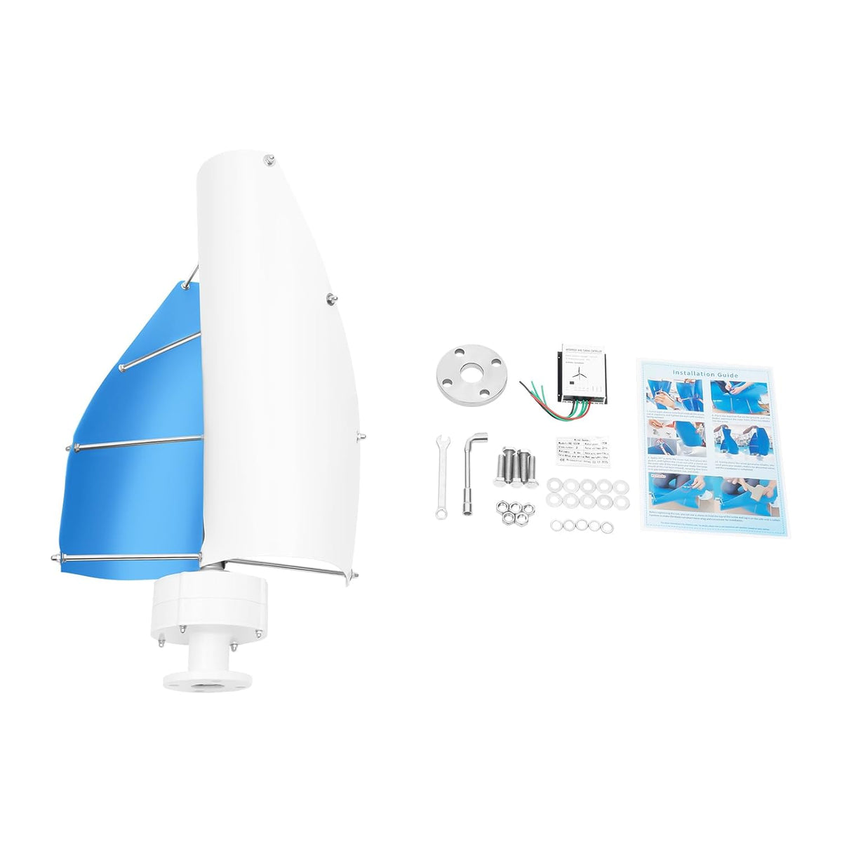 OUKANING Vertical Wind Turbine Complete Set with Control Unit Spiral Design 100W 12V 24V Wind Generator Vertical Permanent Magnet Rotor Generator (12V, White & Blue) - QUORE