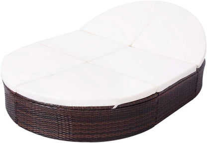 Loungebed voor buiten, met kussen, polyrotan, bruin ligbed, tweepersoonsbed met kussen, tuinbank - QUORE