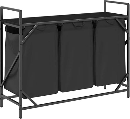 Wasmand – Laundry Basket – Wasbak – Wasbox – Laundry Hamper – 3 Compartiments – Zwart Eikenhout – Stalen Frame – Met Opbergrek
