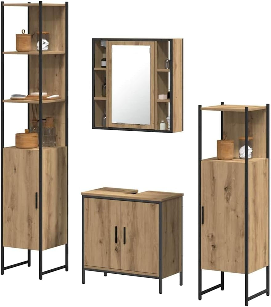 vidaXL 4 Piece Bathroom Furniture Set Artisan Oak Laminated Wood Industrial Design Storage Cabinets Shelves With Mirror Perfect For Home Or Bathroom Use Wall Cabinet Freestanding High Floor Washroom - QUORE