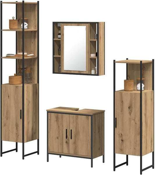 vidaXL 4 Piece Bathroom Furniture Set Artisan Oak Laminated Wood Industrial Design Storage Cabinets Shelves With Mirror Perfect For Home Or Bathroom Use Wall Cabinet Freestanding High Floor Washroom - QUORE