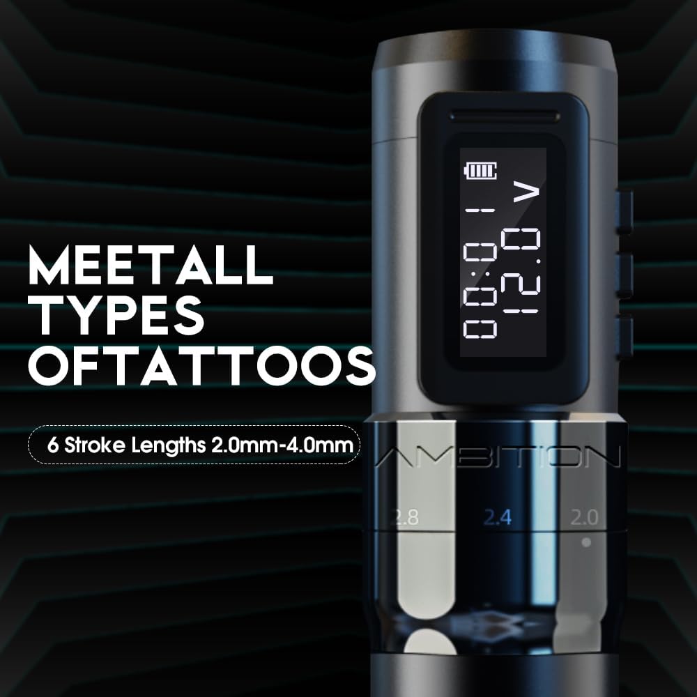Ambition Mars-U Tattoo Kit Draadloze Tattoo Pen met Dubbele 1800mAh Batterijen, Verstelbare Slag en 20 Glory Naaldpatronen in Gemengde Maten voor Professionals en Beginners