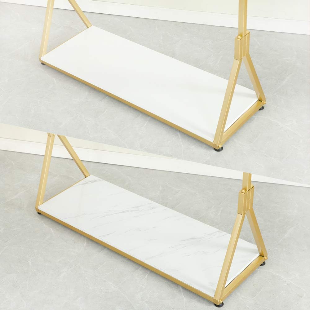 Kledingrek – Garderoberek – Kledingstandaard – Hangrek – Vrijstaand Kledingrek Goudkleurig – Metalen Frame En Houten Plank – Met 4 Rubber Wielen En Verstelbare Antislipvoeten