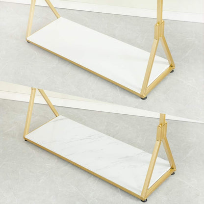 Kledingrek – Garderoberek – Kledingstandaard – Hangrek – Vrijstaand Kledingrek Goudkleurig – Metalen Frame En Houten Plank – Met 4 Rubber Wielen En Verstelbare Antislipvoeten