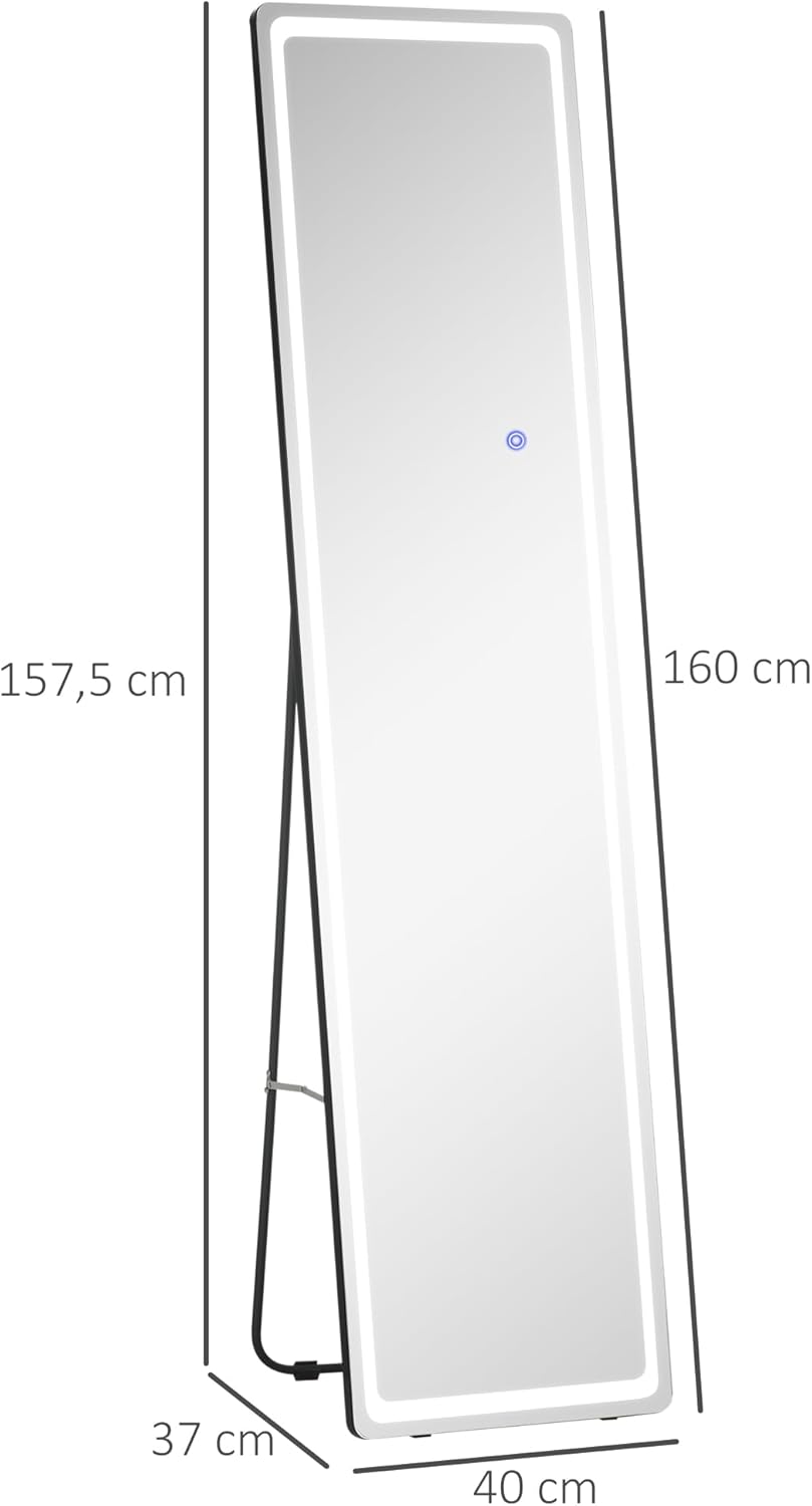 HOMCOM 2-in-1 Standing Mirror, Full-length Mirror with LED Lighting, Freestanding Vanity Mirror, Wall Mirror, Makeup Mirror for Bedroom, Living Room, Silver+Black, 40 x 51 x 157 cm - QUORE