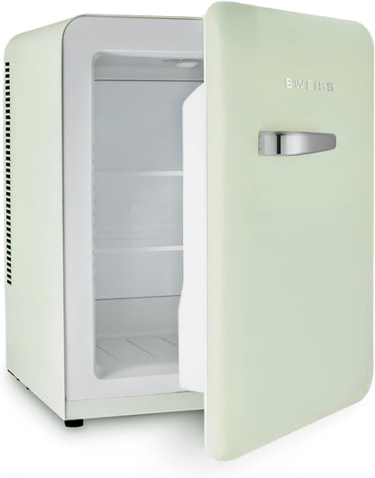 H.Koenig SWEISS Mini-koelkast, retrostijl, wit, vintage, 31 l, compact, voor levensmiddelen, dranken, cosmetica, temperatuur instelbaar 6°-15°C, 24dB, verstelbare poten, groen
